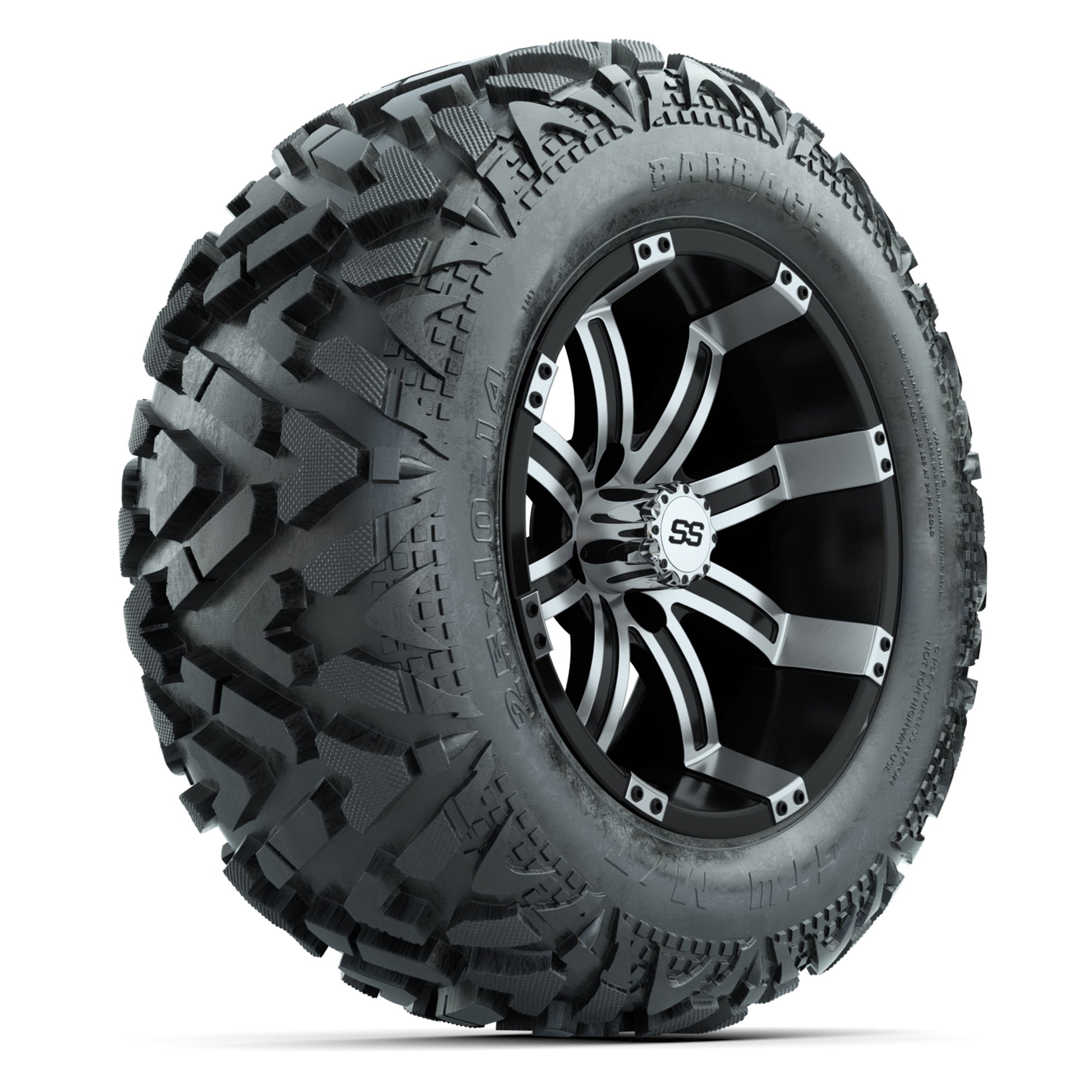 GTW Tempest Black/Machined 14 in Wheels with 25x10-14 Barrage Mud Tires – Full Set