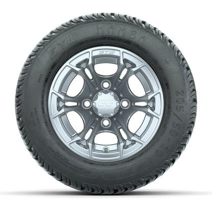 GTW Spyder Silver Brush 10 in Wheels with 205/50-10 Mamba Street Tires – Full Set