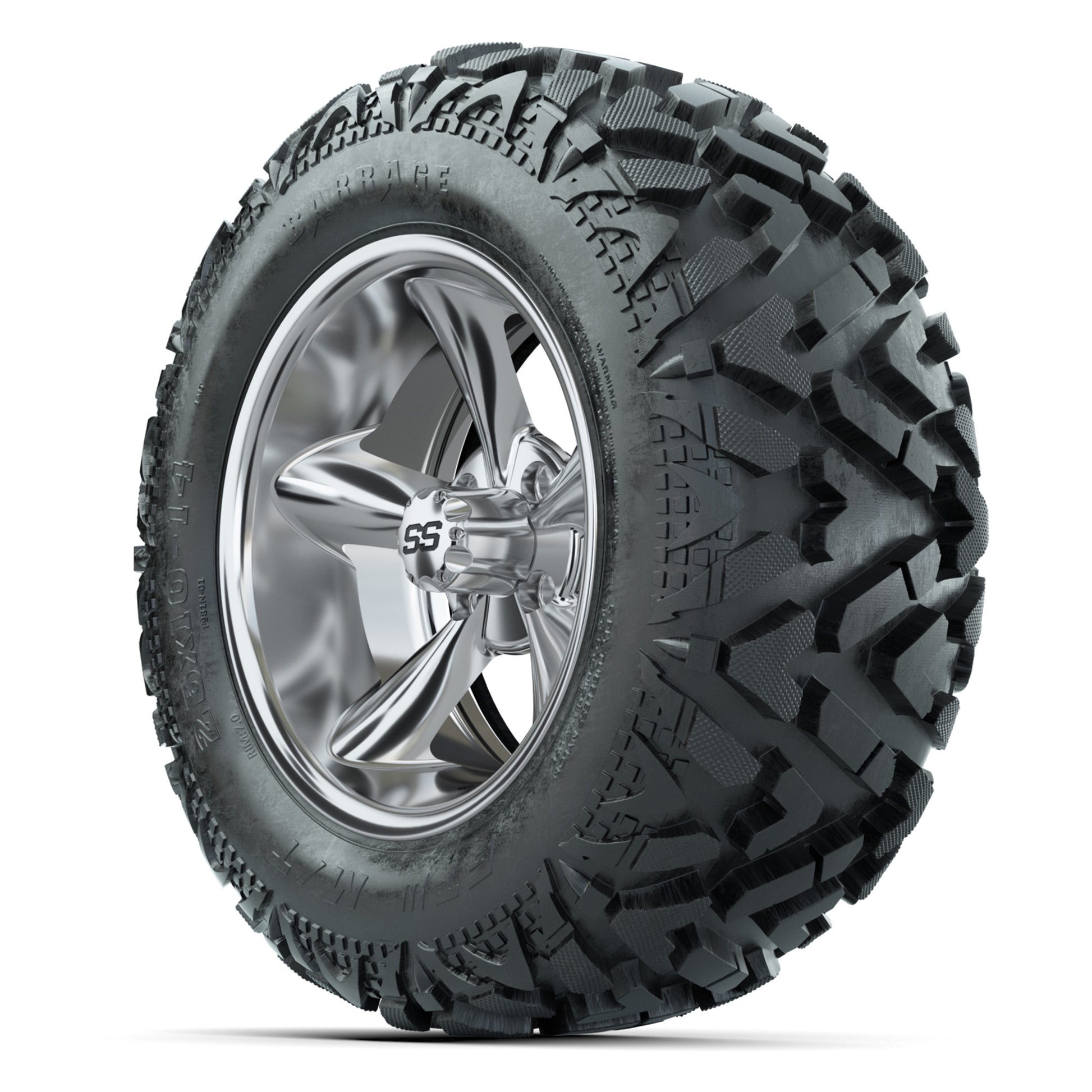 GTW Godfather Chrome 14 in Wheels with 25x10-14 Barrage Mud  - 3/4 view