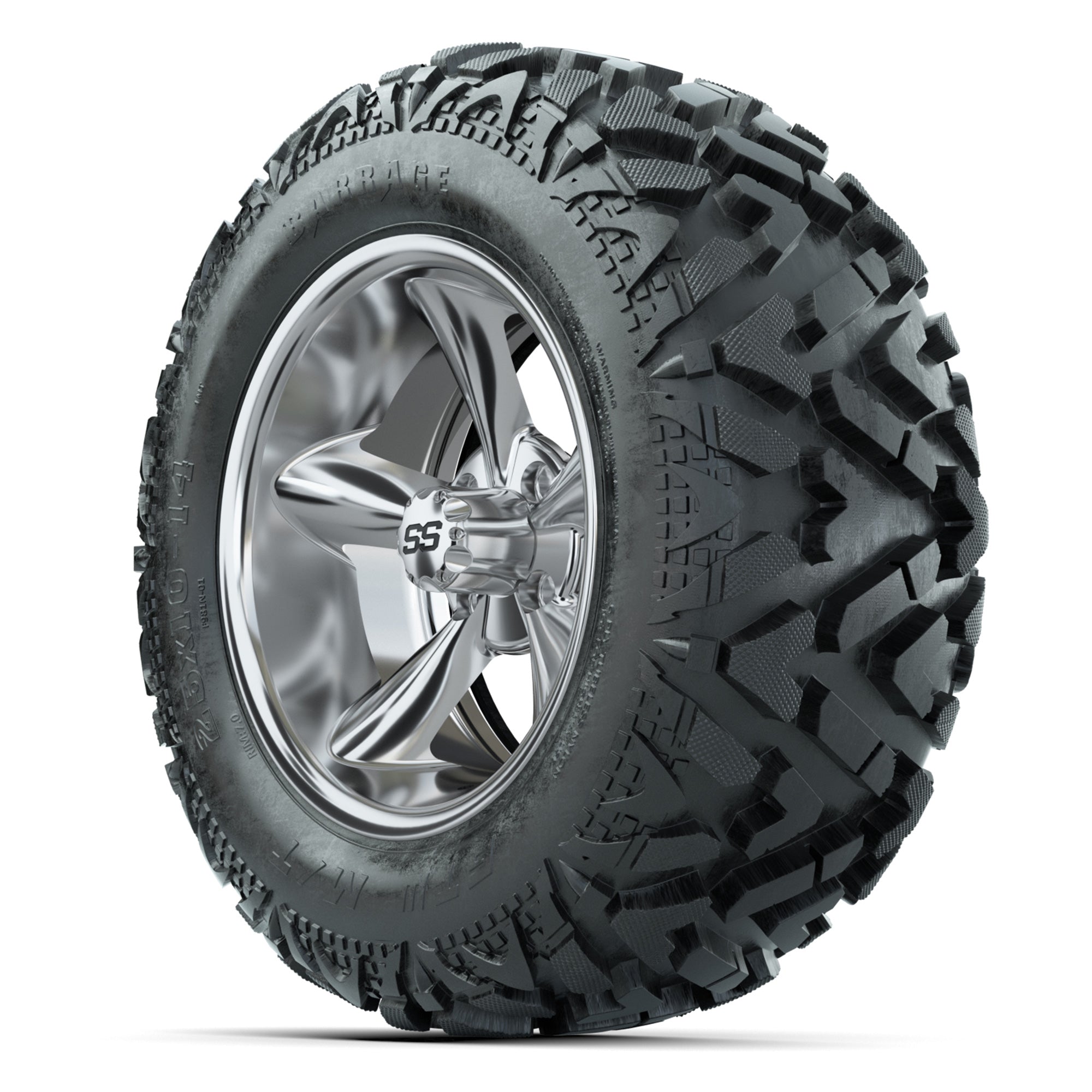 GTW Godfather Chrome 14 in Wheels with 25x10-14 Barrage Mud  - 3/4 view