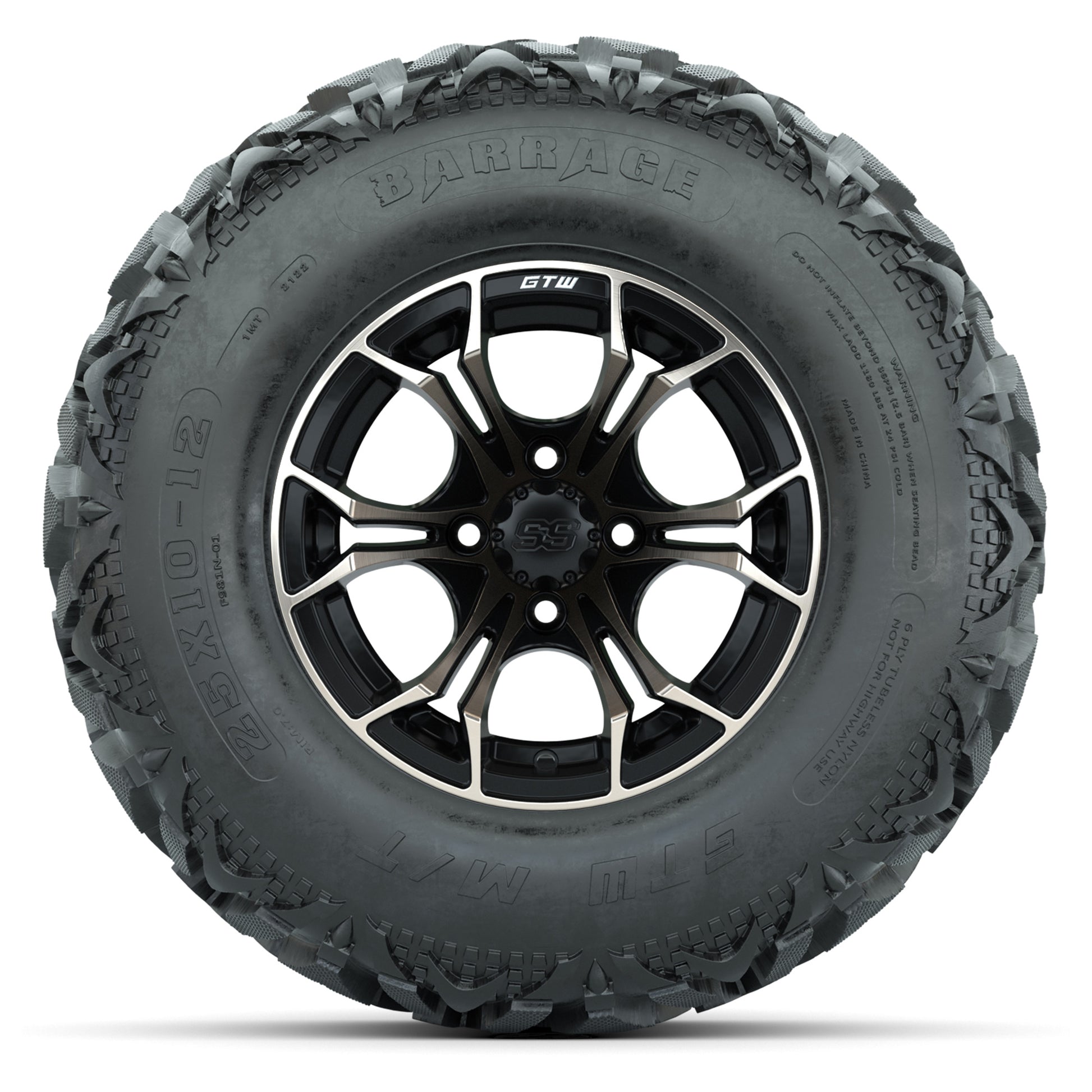 GTW® Spyder Matte Black/Bronze 12 in Wheels with 25X10-12 Barrage Mud Tires – Full Set