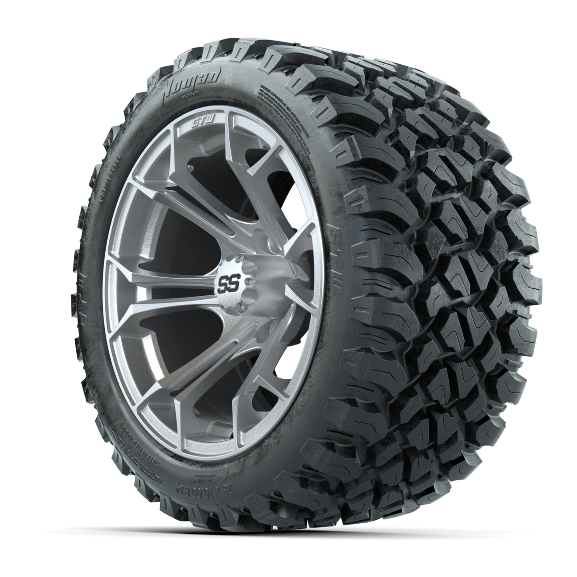 GTW® Spyder Silver Brush 14 in Wheels with 23X10-R14 Nomad S - 3/4 view