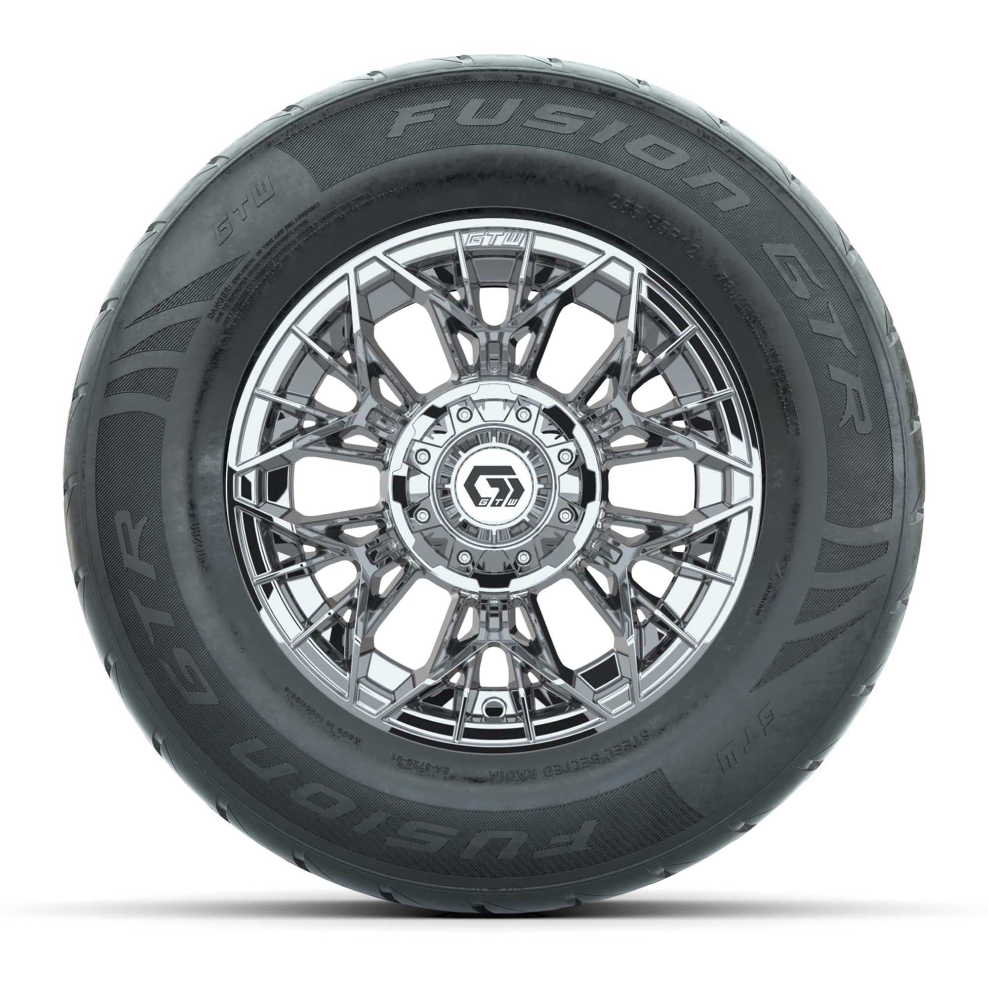 GTW® Stellar Chrome 12 in Wheels with 255/55-R12 Fusion GTR Steel Belt Radial Street Tires – Full Set