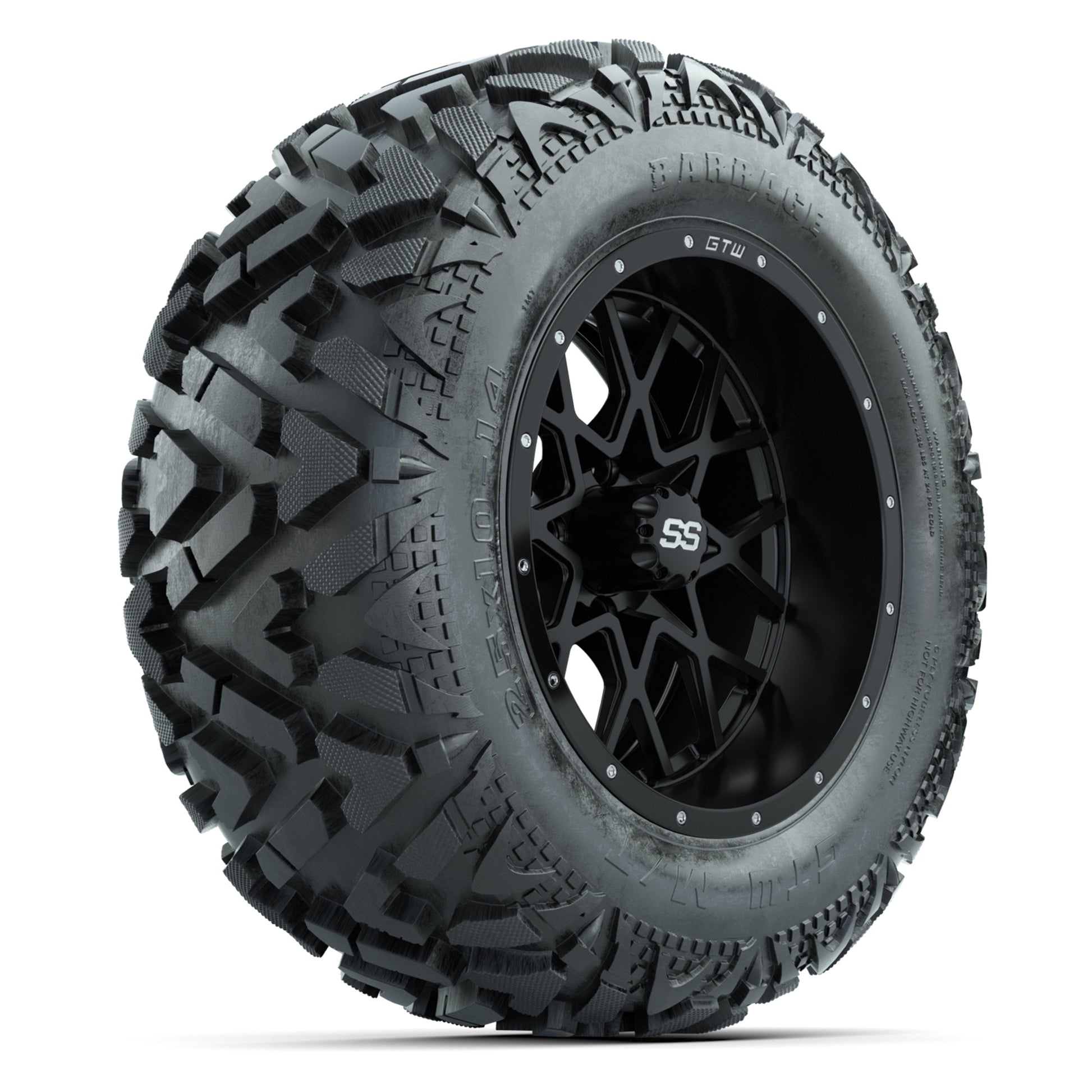 GTW Vortex Matte Black 14 in Wheels with 25x10-14 Barrage Mud Tires – Full Set