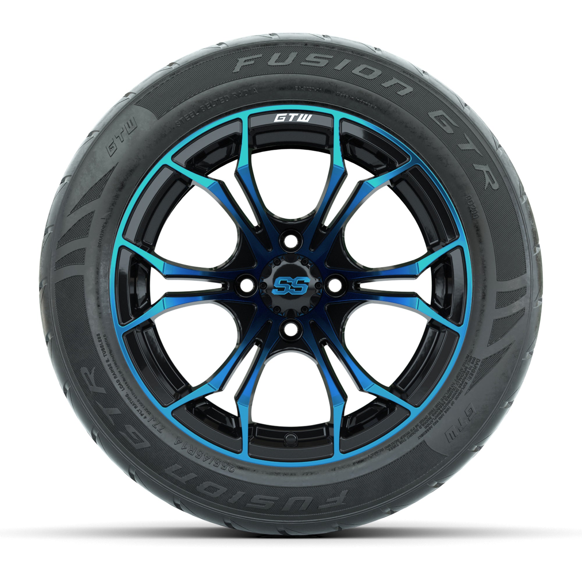 GTW® Spyder Black/Blue 14 in Wheels with 255/45-R14 Fusion G - 3/4 view
