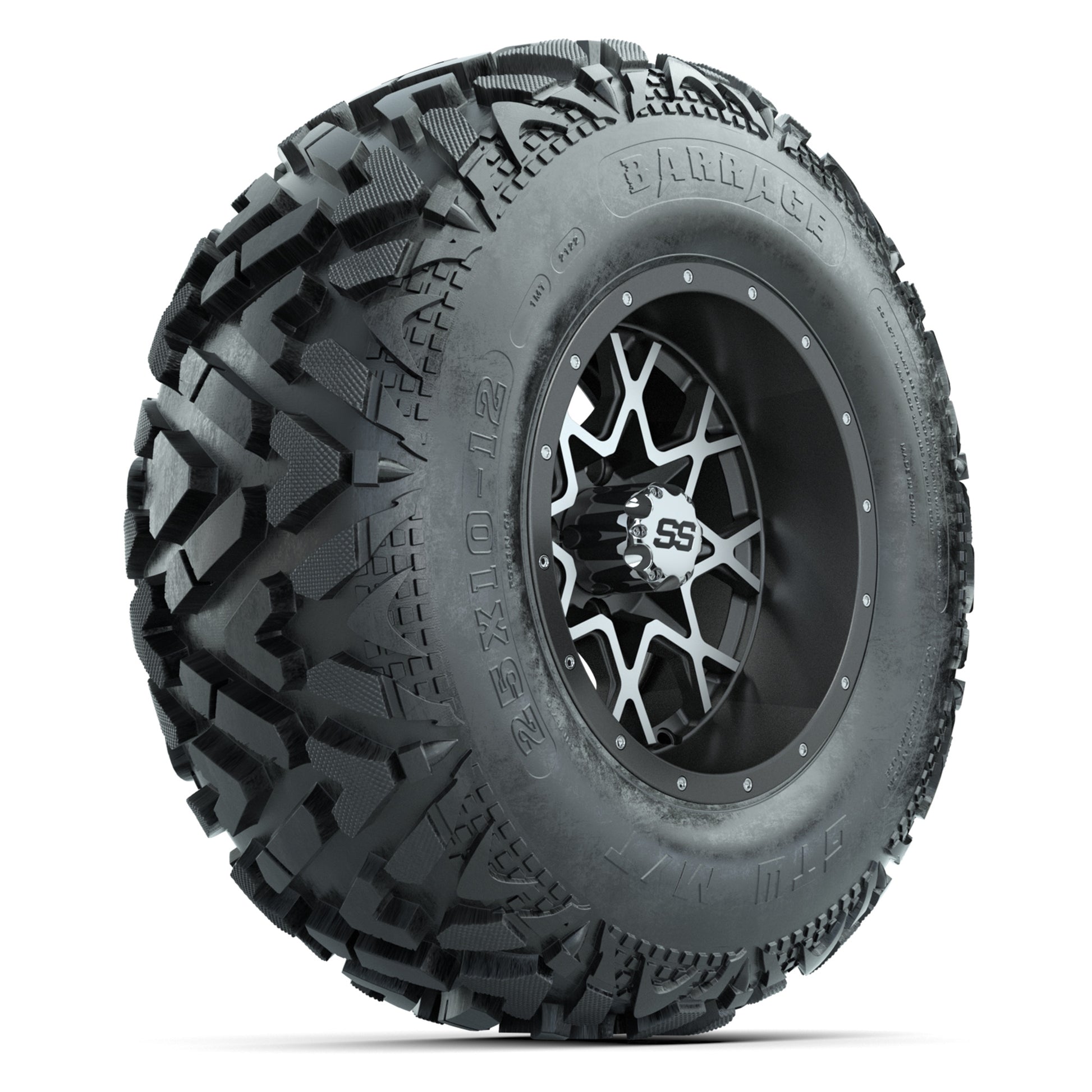 GTW® Vortex 2 Matte Gray/Machined 12 in Wheels with 25X10-12 Barrage Mud Tires – Full Set