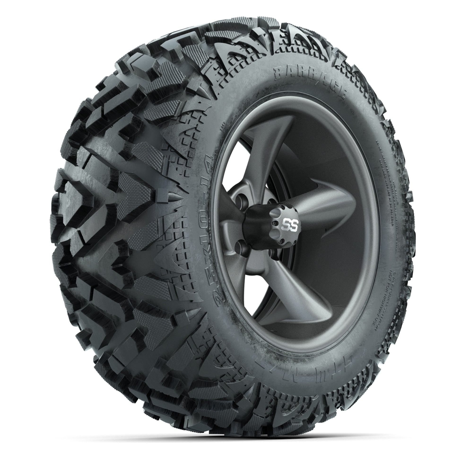 GTW Godfather Matte Gray 14 in Wheels with 25x10-14 Barrage Mud Tires – Full Set