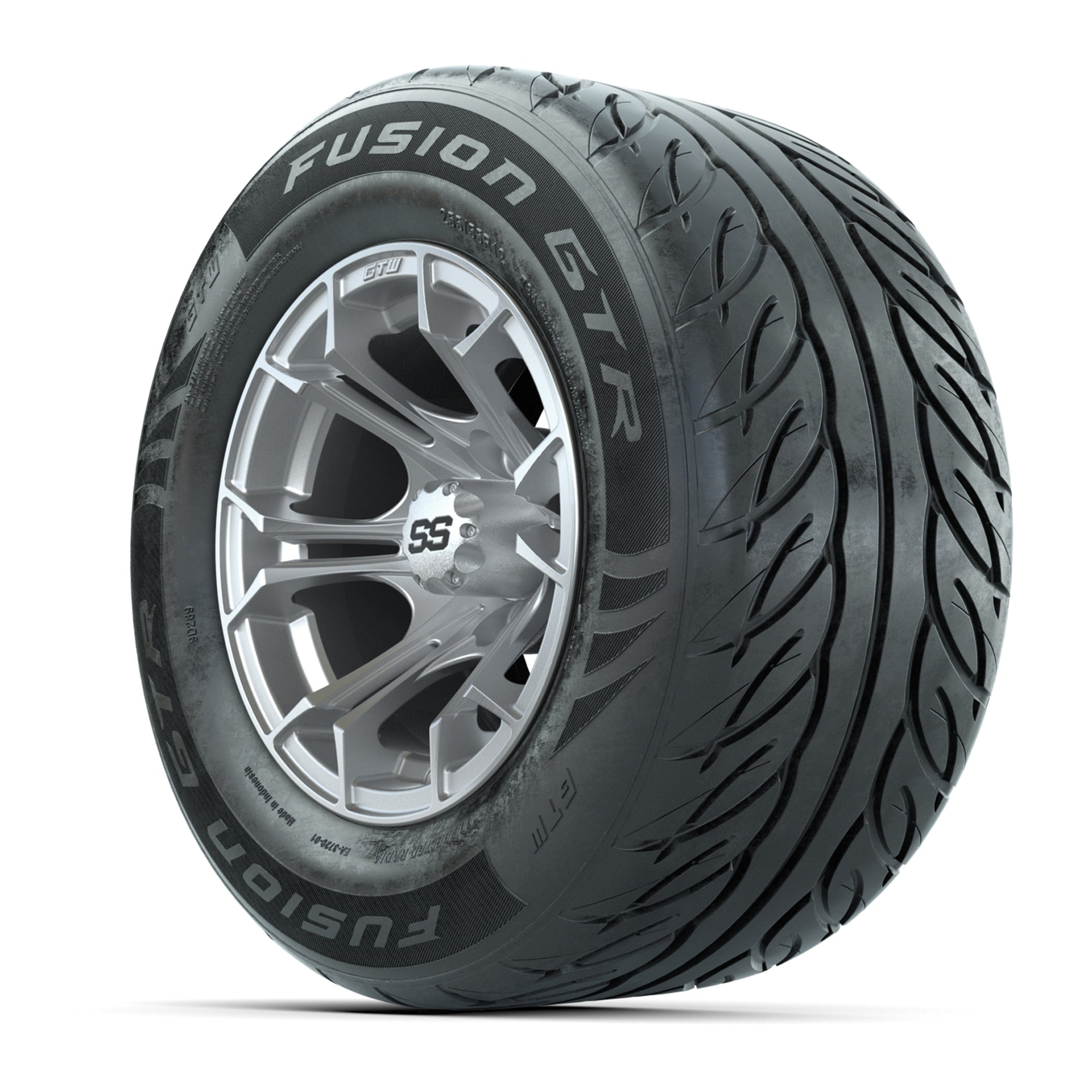 GTW® Spyder Silver Brush 12 in Wheels with 255/55-R12 Fusion GTR Steel Belt Radial Street Tires – Full Set