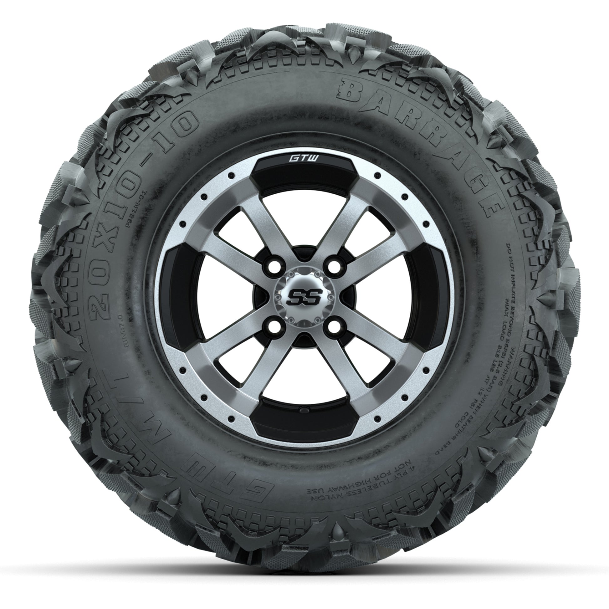 GTW Storm Trooper Black/Machined 10 in Wheels with 20x10-10 Barrage Mud Tires – Full Set
