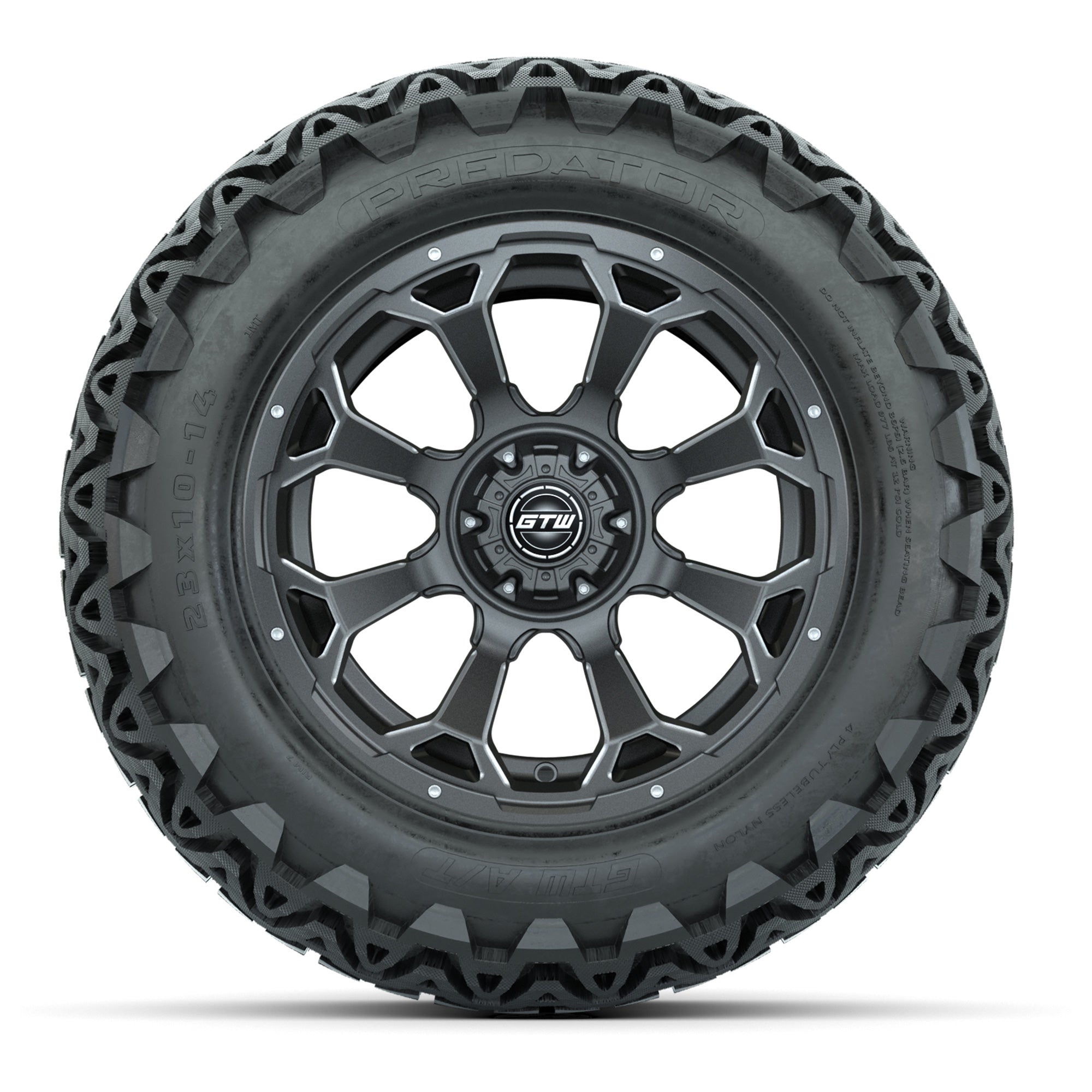 Set of (4) 14 in GTW Raven Wheels with 23x10-14 GTW Predator - 3/4 view