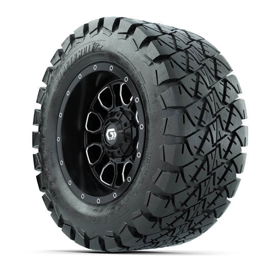 GTW® Volt Black/Machined 12 in Wheels with 22X10-12 Timberwolf All-Terrain Tires – Full Set