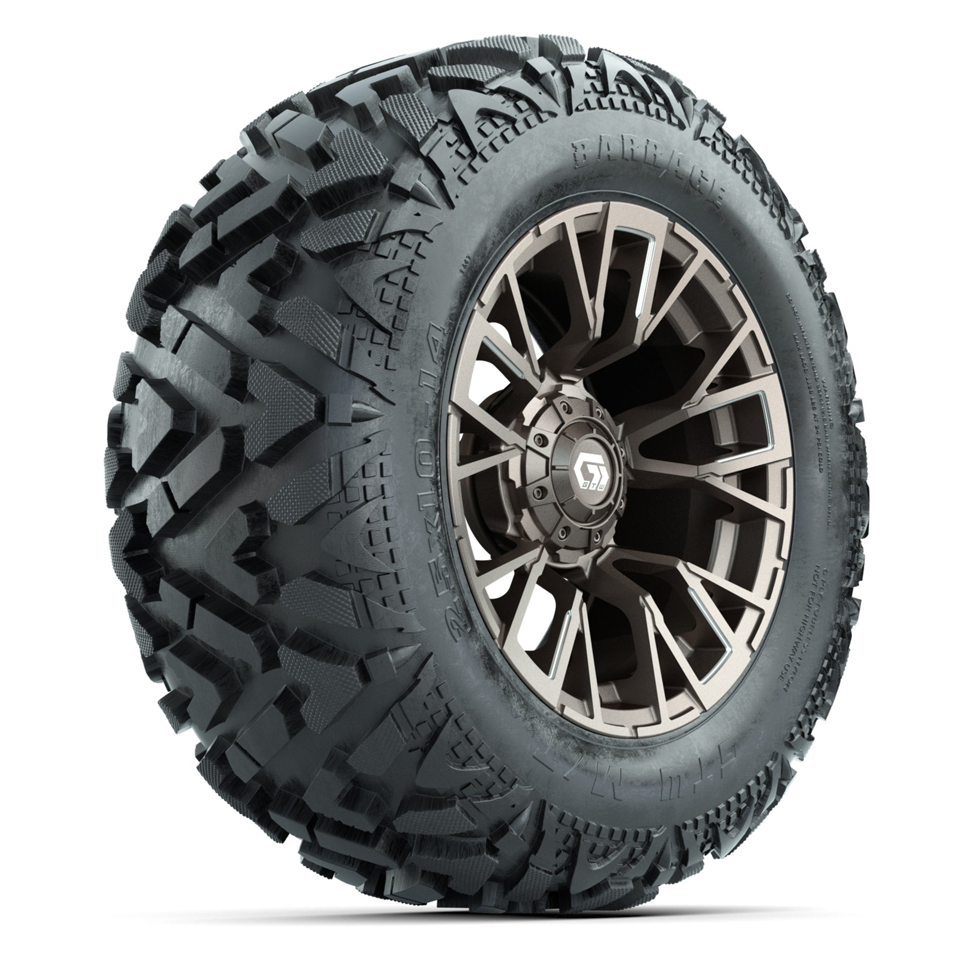 GTW Vandal Bronze/Machined 14 in Wheels with 25x10-14 Barrage Mud Tires – Full Set