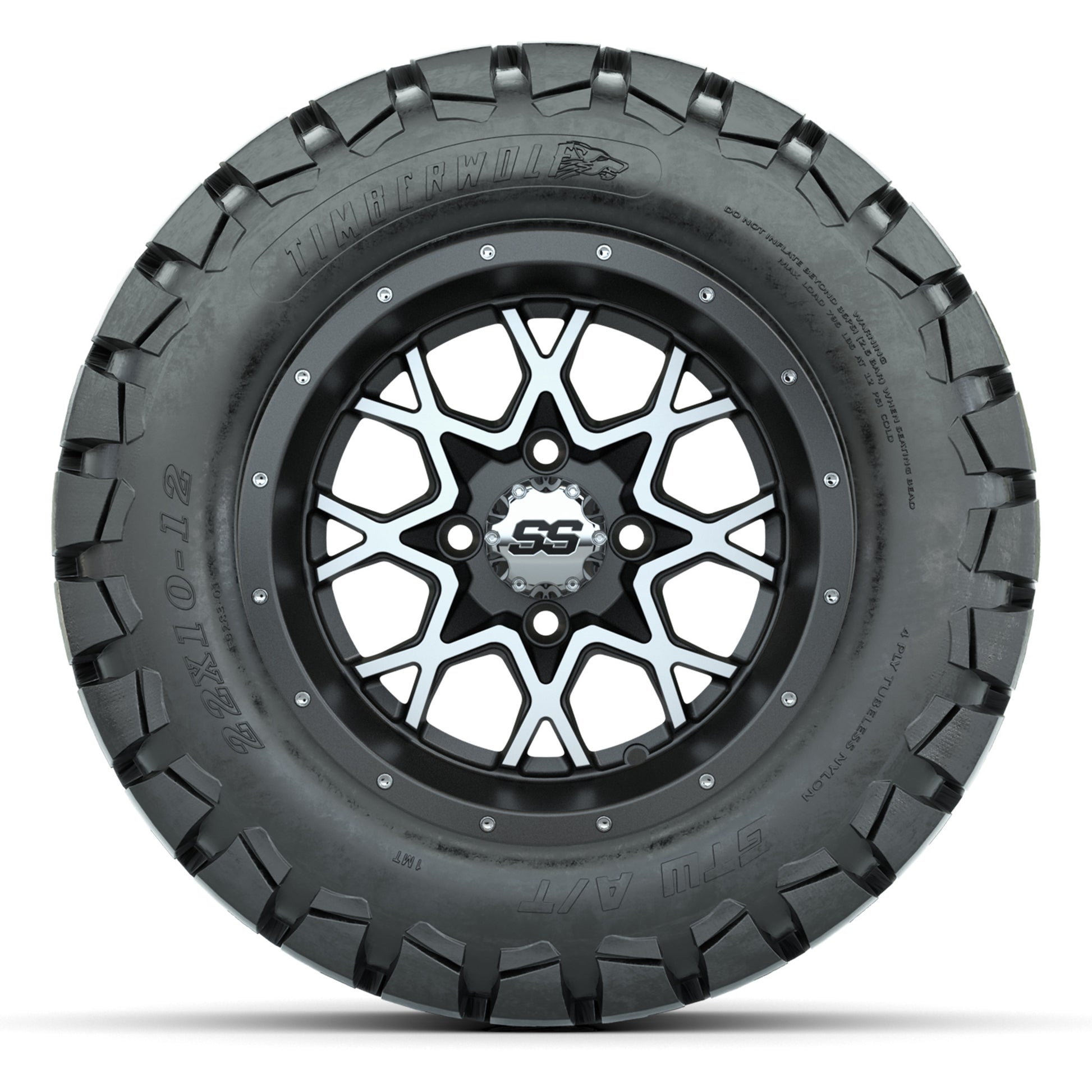 GTW® Vortex 2 Matte Gray/Machined 12 in Wheels with 22X10-12 Timberwolf All-Terrain Tires – Full Set