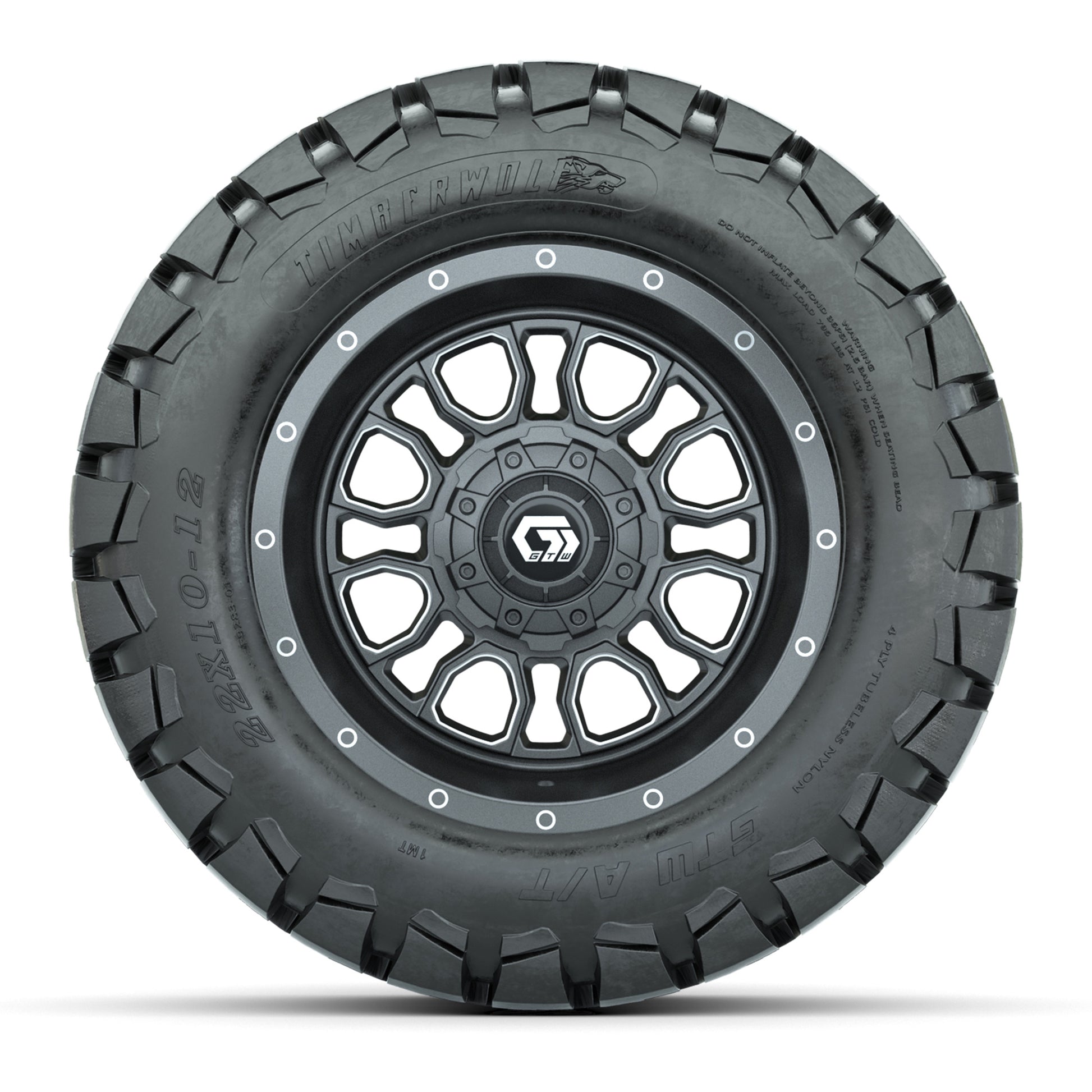 GTW® Volt Gunmetal 12 in Wheels with 22X10-12 Timberwolf All-Terrain Tires – Full Set