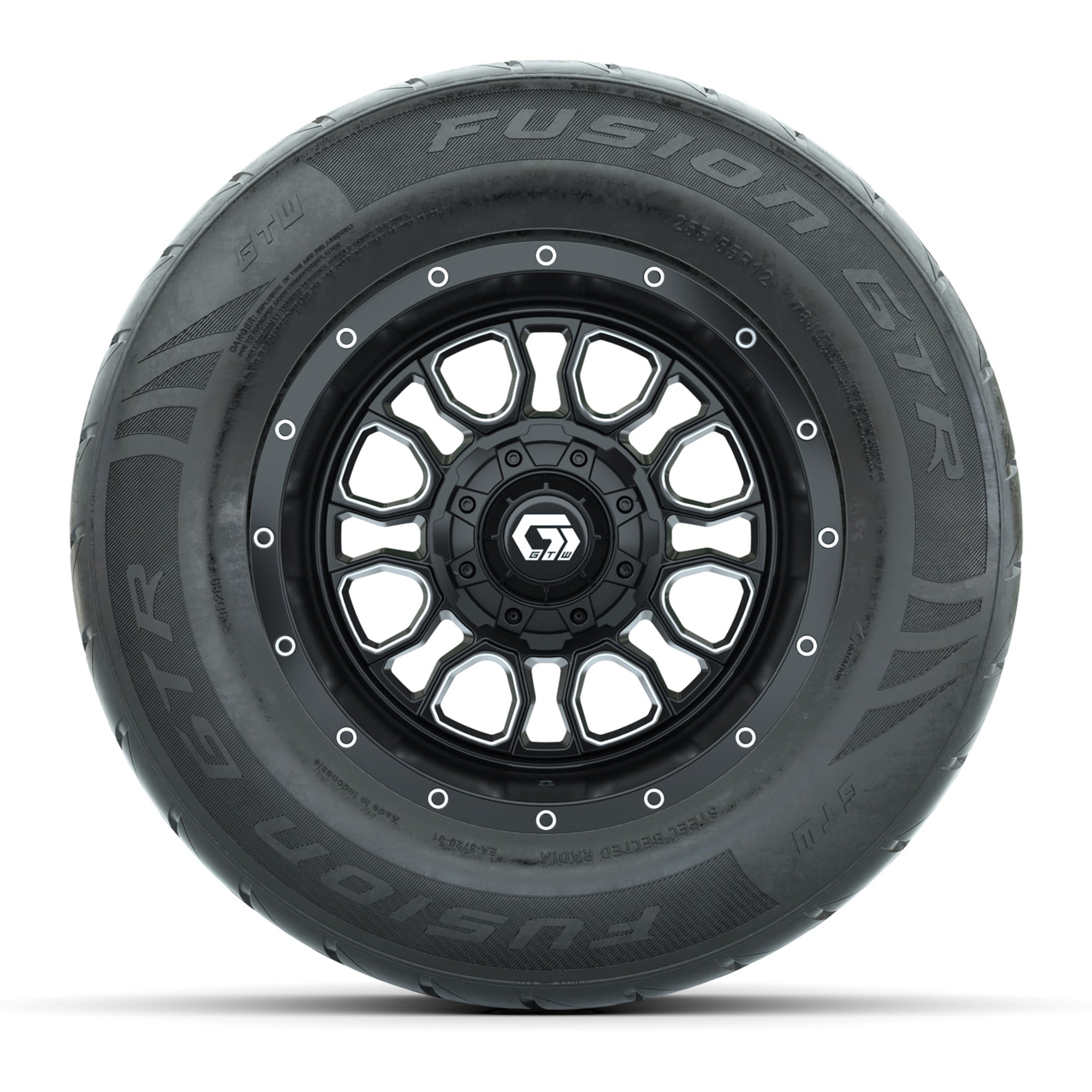 GTW® Volt Black/Machined 12 in Wheels with 255/55-R12 Fusion GTR Steel Belt Radial Street Tires – Full Set