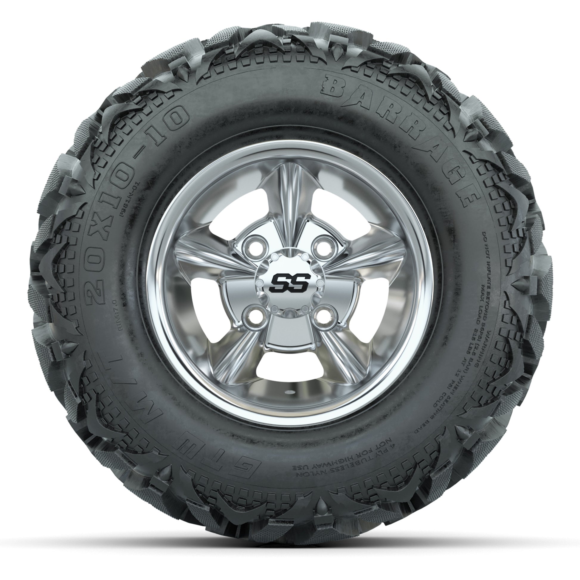 GTW Godfather Chrome 10 in Wheels with 20x10-10 Barrage Mud Tires – Full Set