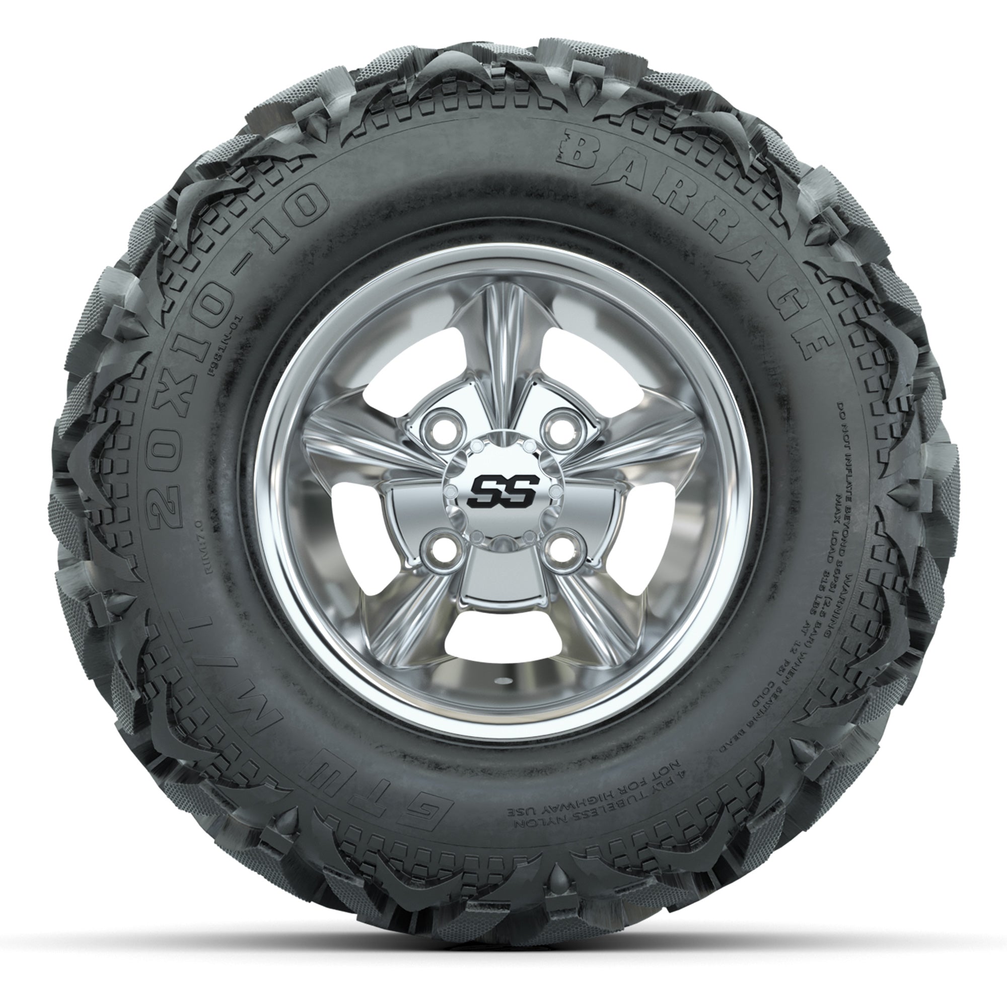 GTW Godfather Chrome 10 in Wheels with 20x10-10 Barrage Mud Tires – Full Set