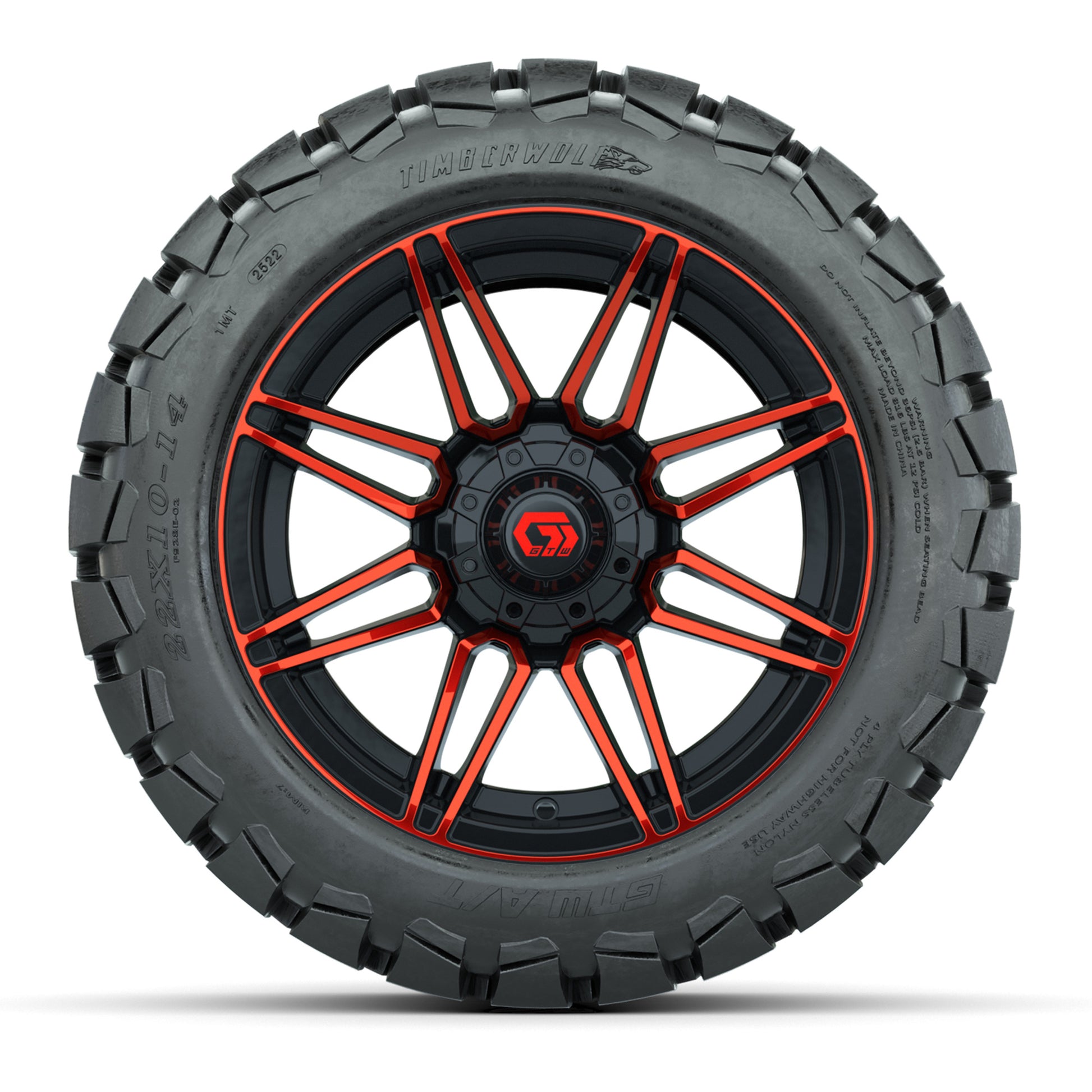 GTW® Stealth Gloss Black/Red 14 in Wheels with 22x10-14 Timb - front view