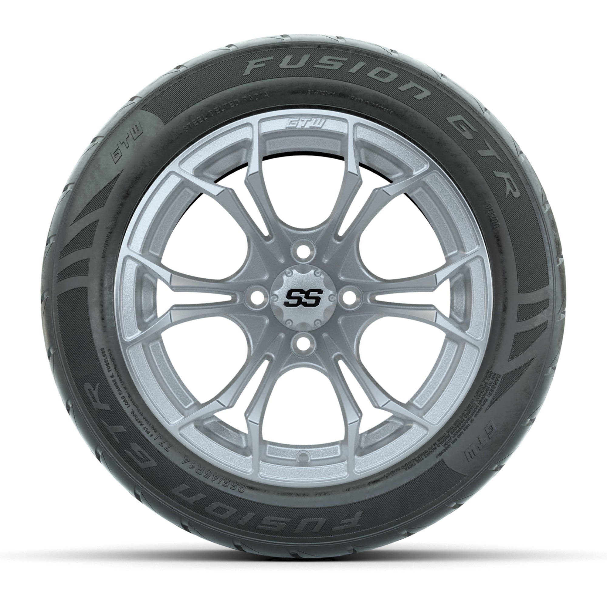 GTW® Spyder Silver Brush 14 in Wheels with 255/45-R14 Fusion - 3/4 view