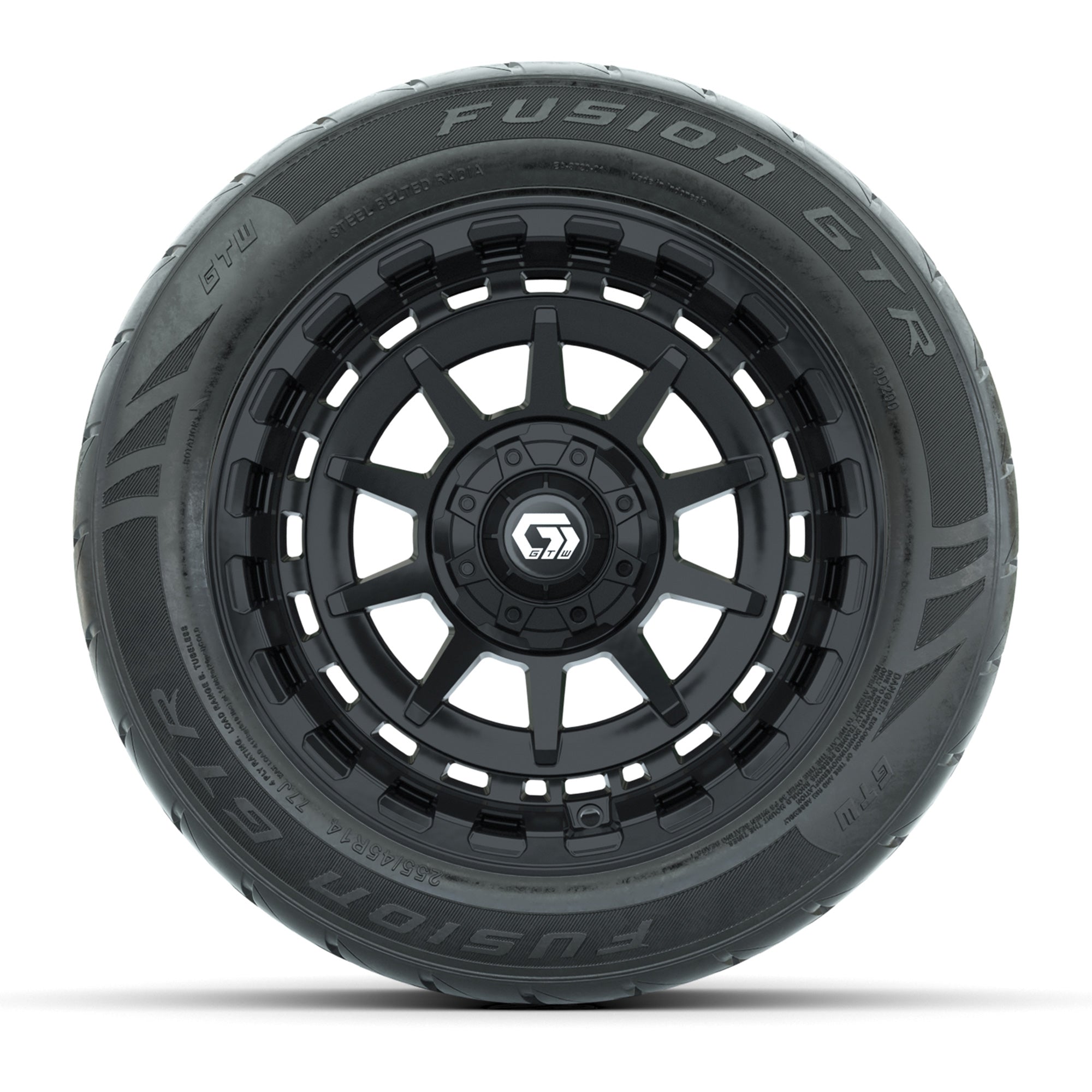 GTW® Barricade Black 14 in Wheels with 255/45-R14 Fusion GTR - 3/4 view