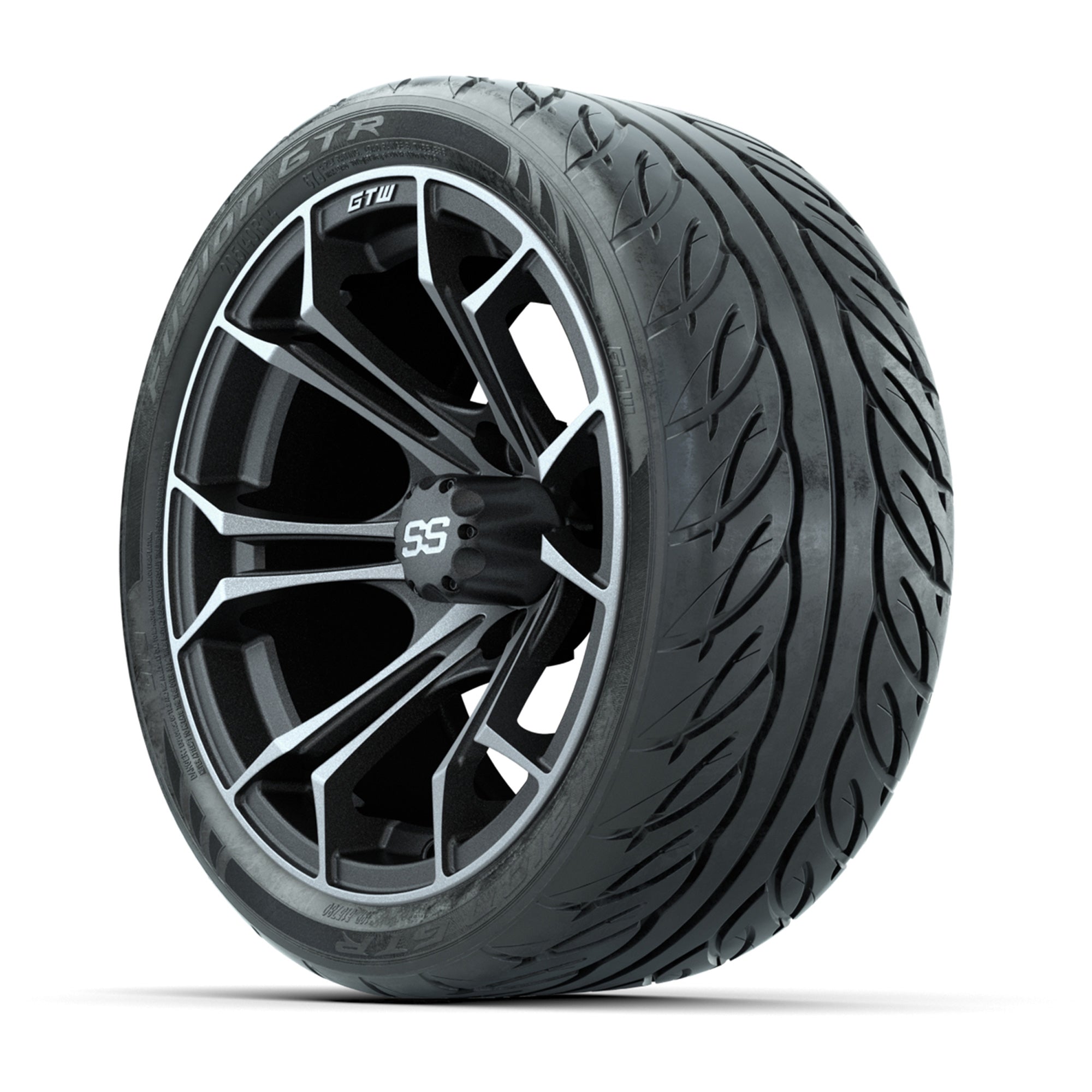 GTW® Spyder Matte Gray/Machined 14 in Wheels with 205/40-R14 - 3/4 view