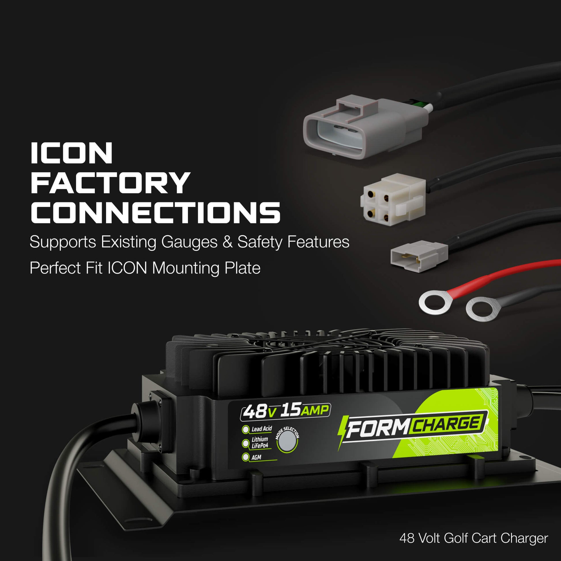 ICON 48 Volt Golf Cart Battery Charger - 48V 15 AMP Lithium, LiFePO4, Lead Acid, AGM