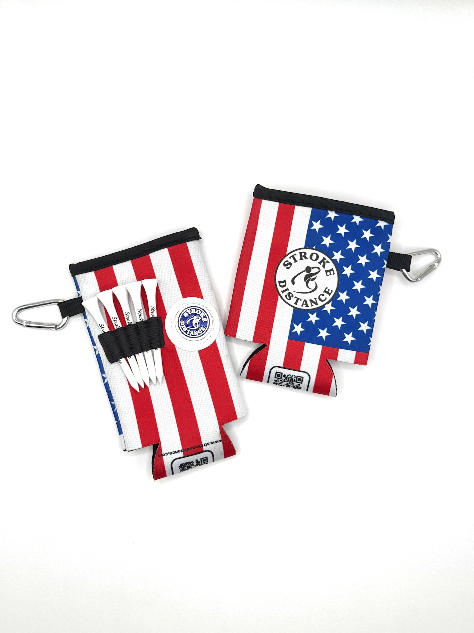 Patriotic Stars and Stripes Beverage Caddie 4 Pack, 3-in-1 Golf Insulator, Removeable Ball Marker, Bag Clip & Tees Combo